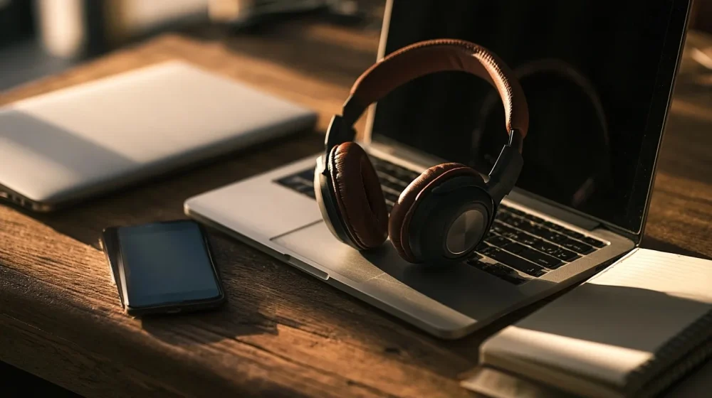 Ordinateur, casque audio, téléphone et carnet pour choisir un canal de consultation