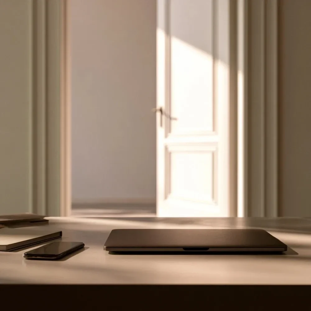 Ordinateur fermé, téléphone, carnet et porte ouverte dans une pièce lumineuse