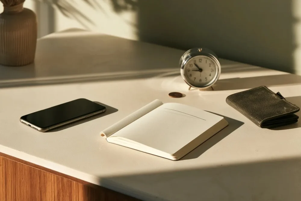 Carnet vierge, horloge et téléphone disposés pour préparer une session courte