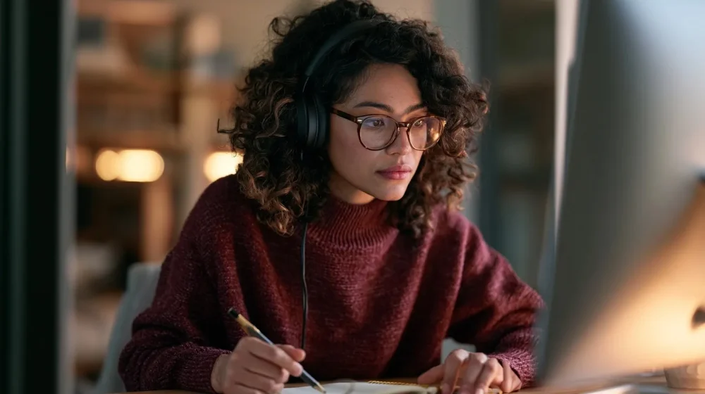 Femme avec un casque prenant des notes pendant un échange en ligne