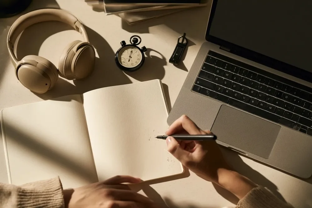 Casque, ordinateur, carnet et horloge pour structurer une session en ligne