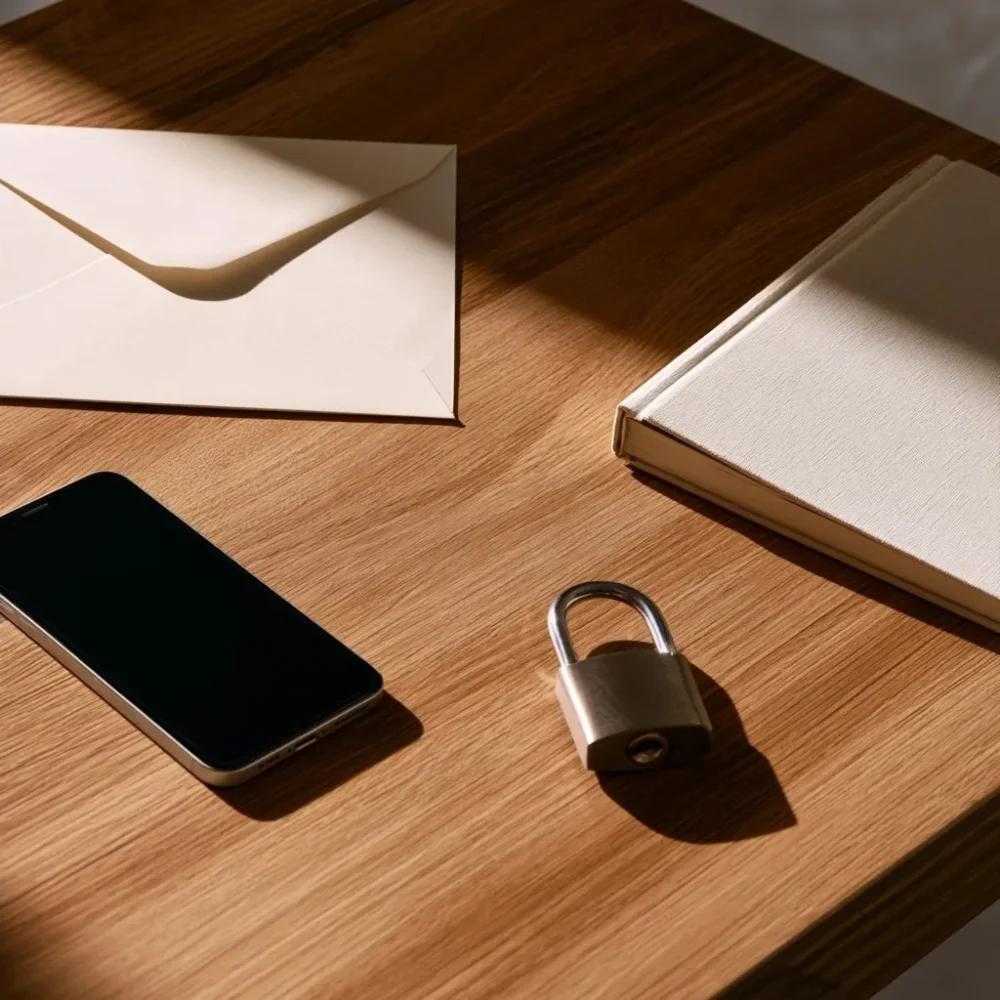 Téléphone retourné, enveloppe, carnet et cadenas sur une table