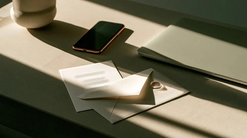 Carnet épuré et enveloppe fermée illustrant la limitation des données partagées