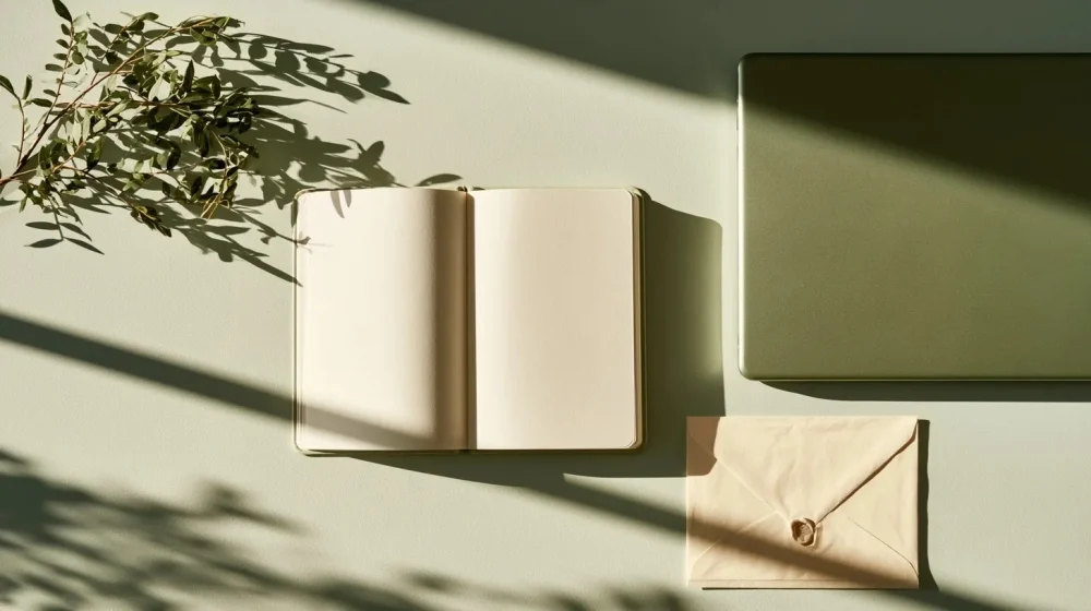 Carnet vierge, ordinateur fermé et enveloppe sur un bureau épuré