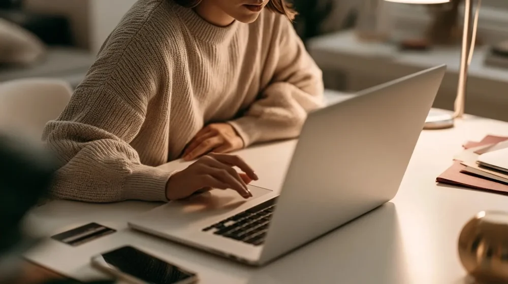 Femme vérifiant un service en ligne avec sa carte bancaire tenue à distance